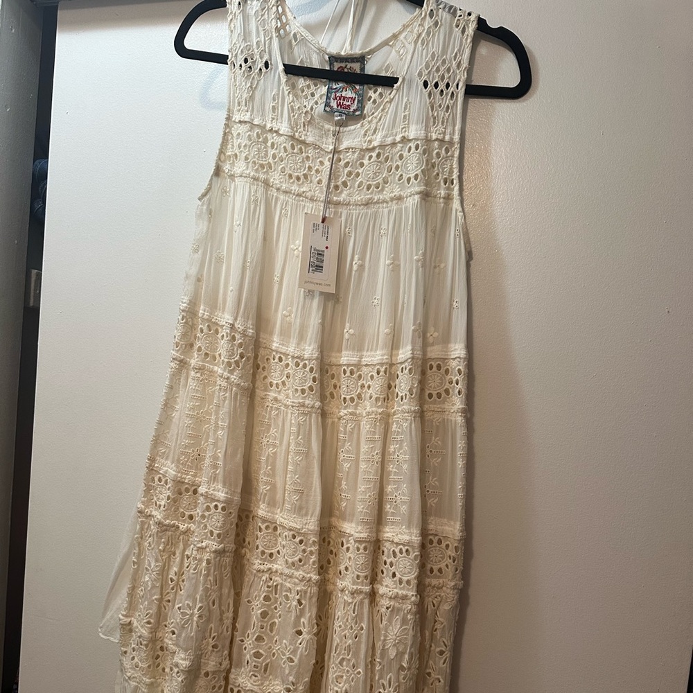 Brand new white cotton Johnny Was summer dress knee